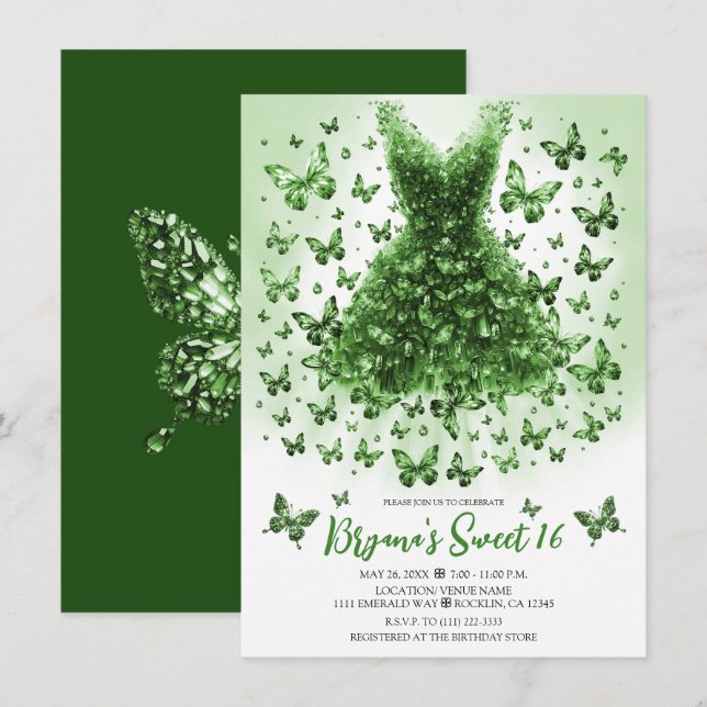 Emerald Crystal Butterfly Dress May Birthstone Inbjudningar (Fram/baksida)