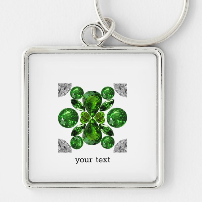 Emerald Diamond Gemstone Art Grönt Fyrkantig Silverfärgad Nyckelring (Framsidan)
