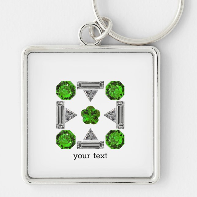 Emerald Diamond Gemstone Art, Grönt Fyrkantig Silverfärgad Nyckelring (Framsidan)
