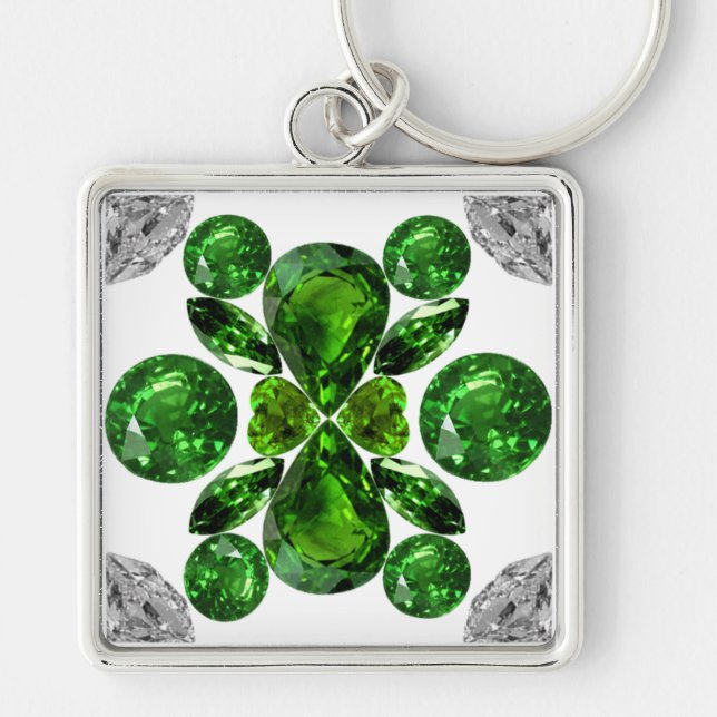 Emerald Diamond Gemstone Art Grönt Keychain Fyrkantig Silverfärgad Nyckelring (Framsidan)
