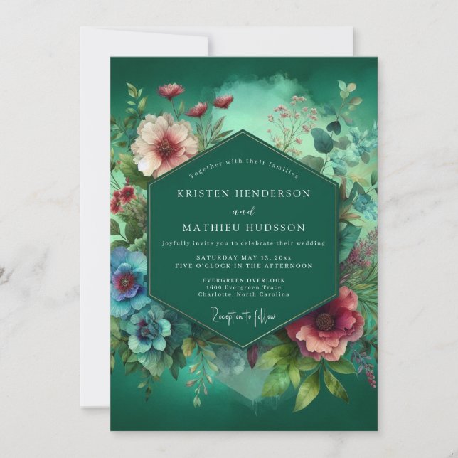 Emerald Djup Blomsterprakt Bröllop Inbjudningar (Framsida)