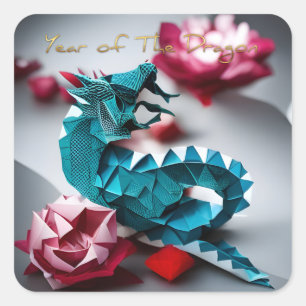 Emerald Dragon Origami Chinese New Year SqS Fyrkantigt Klistermärke