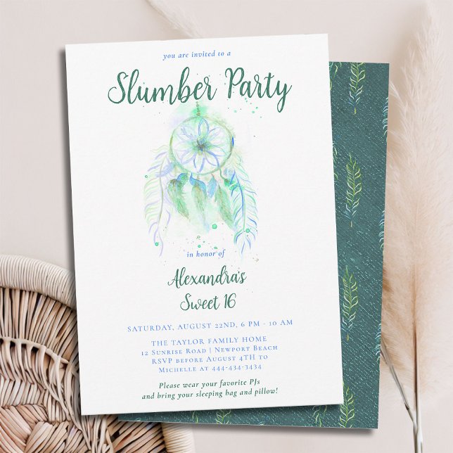 Emerald Dream Catcher Slumber PJ Party Sweet 16 Inbjudningar (sweet 16 slumber party invitation birthday pj sleep over dreamcatcher emerald green watercolor boho)