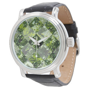 Emerald Elegance: Grönt Löv in Diamond cut Armbandsur