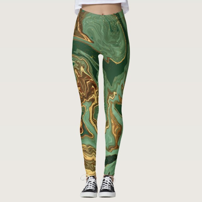 Emerald Elegance: Guld Marble Luxury Leggings (Framsida)