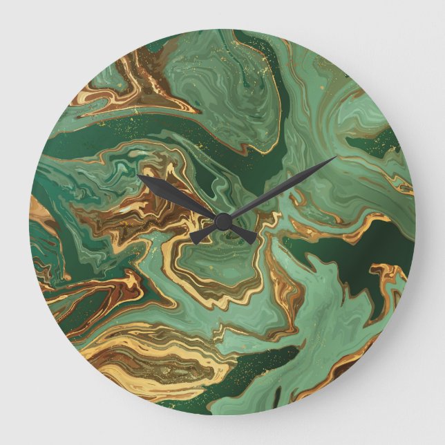 Emerald Elegance: Guld Marble Luxury Stor Klocka (Framsida)