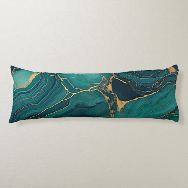Emerald Elegance: Guld Marbleized Body Pillow Kroppskudde (Framsidan)