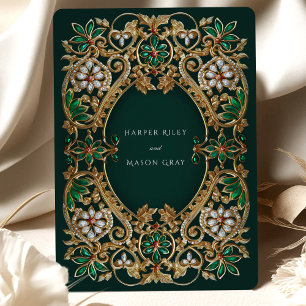 Emerald Elegance och Antique Guld Bröllop Inbjudningar