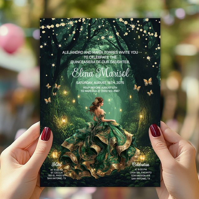 Emerald Enchanted Forest Quinceañera Inbjudningar (Enchanted forest Quinceañera invite with beautiful gown, butterflies, forest lanterns. Add your info)