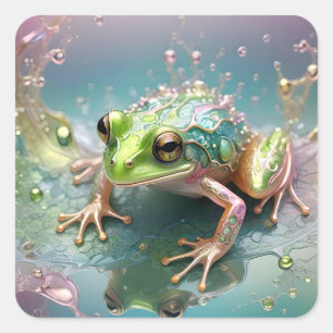 "Emerald Essence: Grönt Frog in Fractal Art" Fyrkantigt Klistermärke