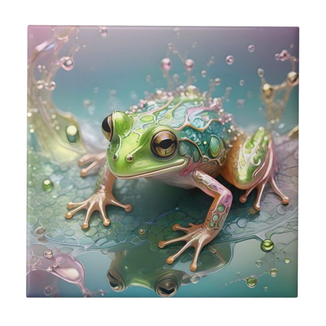 "Emerald Essence: Grönt Frog in Fractal Art" Kakelplatta (Framsidan)