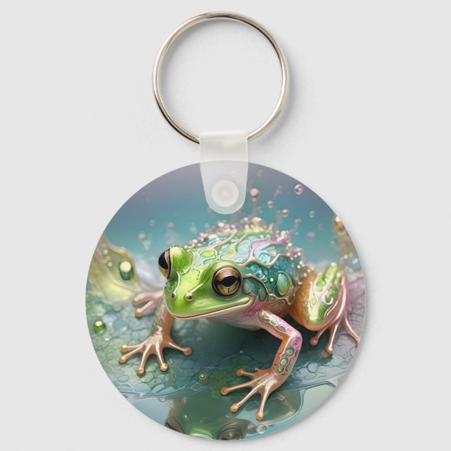 "Emerald Essence: Grönt Frog in Fractal Art" Nyckelring (Framsida)