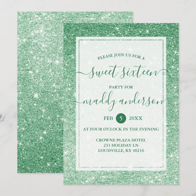 Emerald Faux Glitter Elegant Sweet 16 Födelsedag Inbjudningar (Fram/baksida)