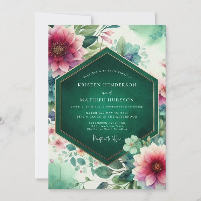 Emerald Floral Bloom Wedding Inbjudningar (Framsida)