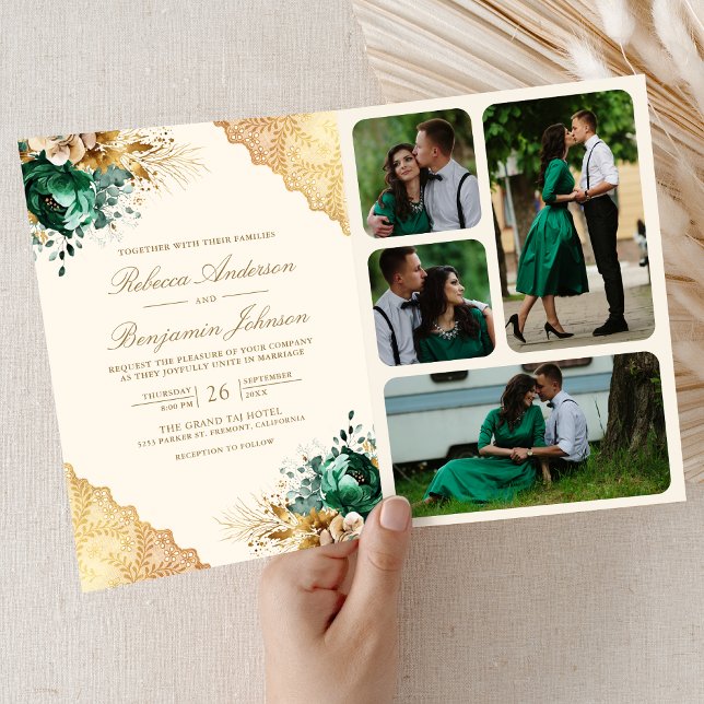 Emerald Floral Gold Lace QR code Cream Wedding Inbjudan (Skapare uppladdad)
