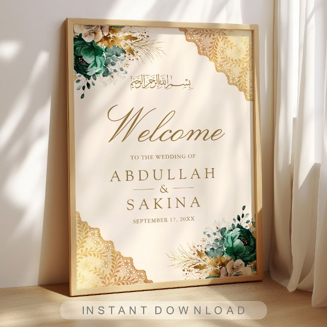 Emerald Floral Gold Muslim Wedding Welcome Poster (Skapare uppladdad)