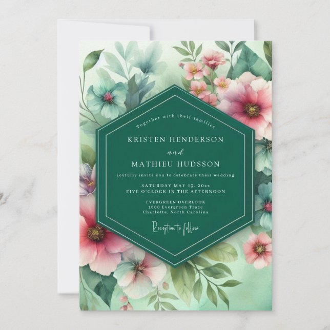 Emerald Floral Whimsy Wedding Inbjudningar (Framsida)