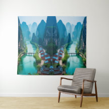 Emerald Flow: Scenia Mountain River Wall Tapestry