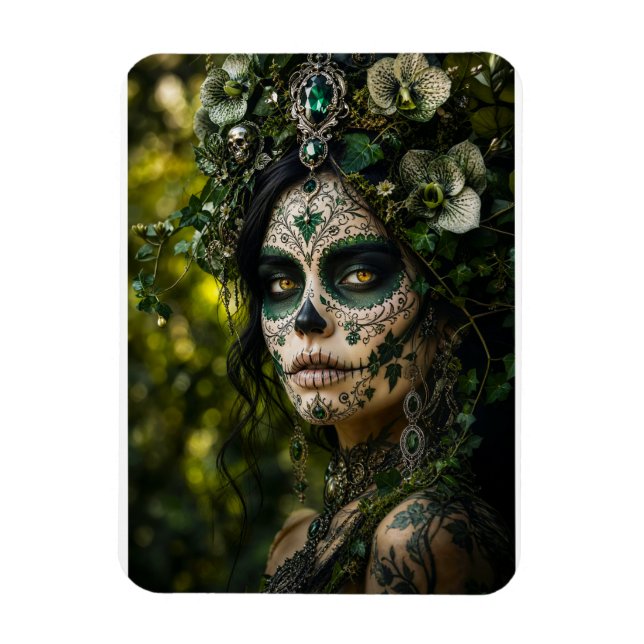 Emerald Forest Calavera – Grön Botanisk Magnet (Vertikal)