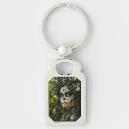 Emerald Forest Calavera – Grön Botanisk Rektangulärt Silverfärgad Nyckelring
