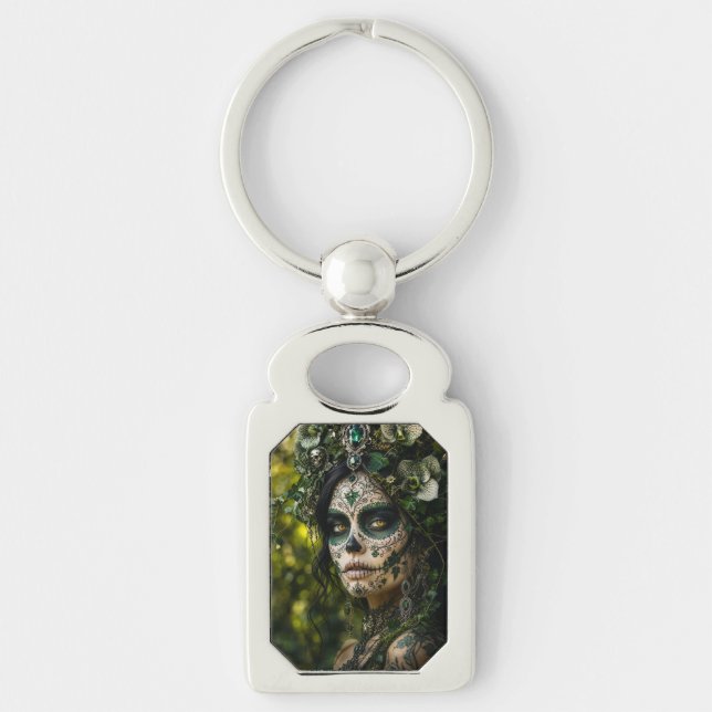 Emerald Forest Calavera – Grön Botanisk Rektangulärt Silverfärgad Nyckelring (Framsidan)