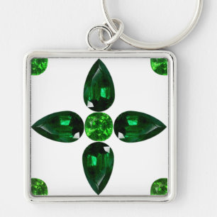 Emerald Gemstone Art, Grönt Keychain Fyrkantig Silverfärgad Nyckelring