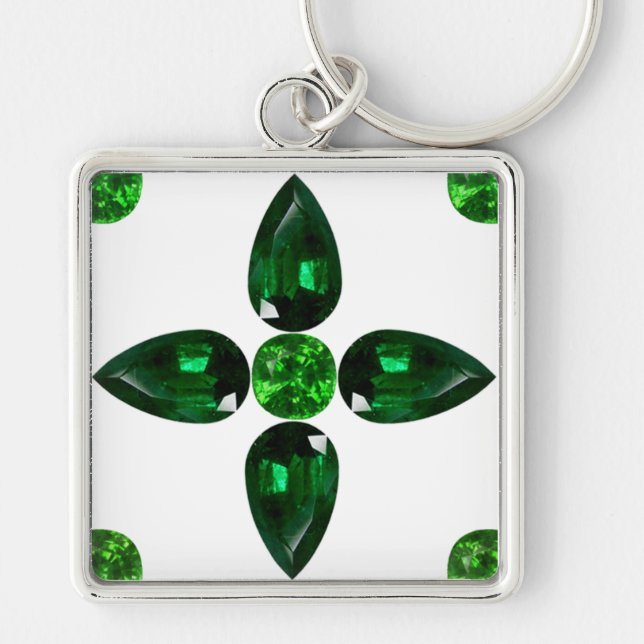 Emerald Gemstone Art, Grönt Keychain Fyrkantig Silverfärgad Nyckelring (Framsidan)