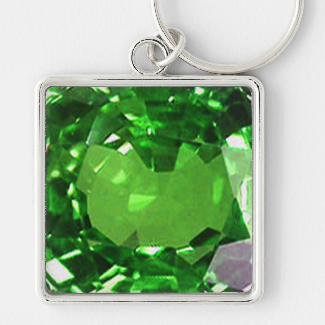 Emerald Gemstone, Grönt Keychain Fyrkantig Silverfärgad Nyckelring (Framsidan)