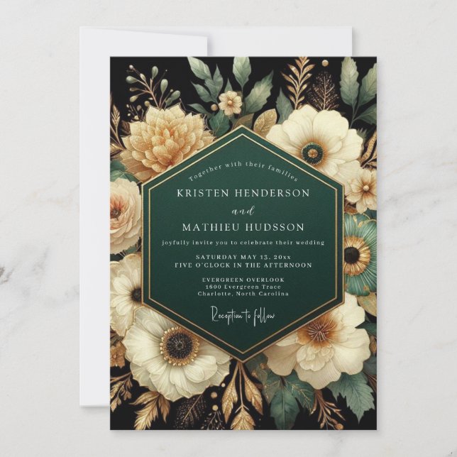 Emerald Gilded Botanical Wedding Inbjudningar (Framsida)