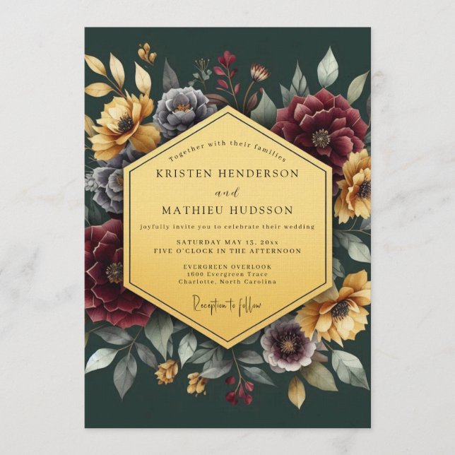 Emerald Gilded Floral Wedding Inbjudningar (Framsida)
