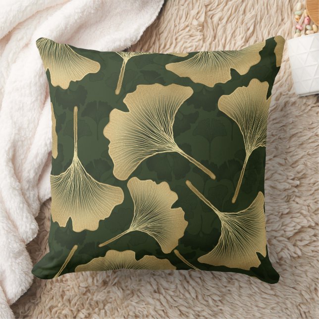 Emerald Ginkgo Elegance – Luxury Gold Botanical 15 Kudde (Filt)