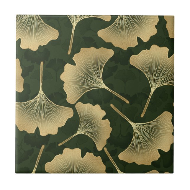 Emerald Ginkgo Elegans – Lyx Guld Botanisk 15 Kakelplatta (Framsidan)