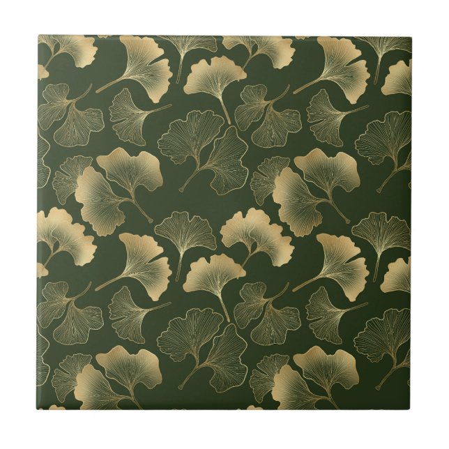 Emerald Ginkgo Elegans – Lyx Guld Botanisk 6 Kakelplatta (Framsidan)