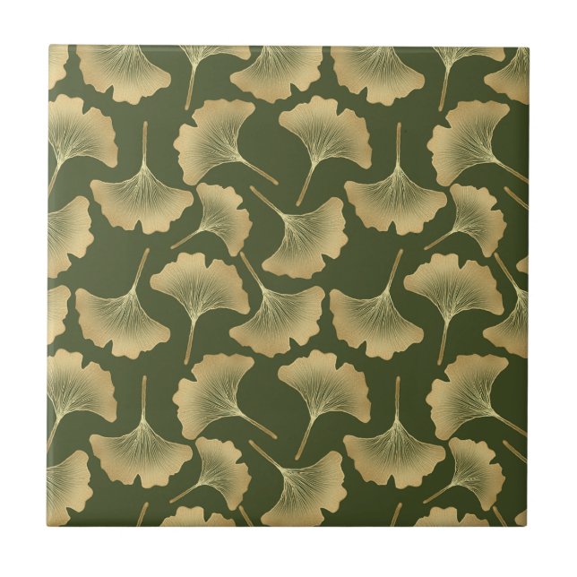 Emerald Ginkgo Elegans – Lyxig Guld Botanisk 12 Kakelplatta (Framsidan)
