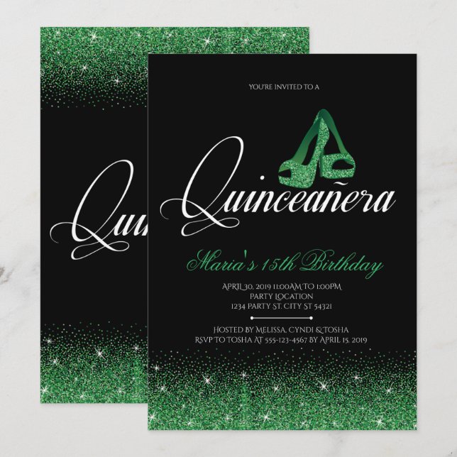 Emerald Glitter, Quinceanera-inbjudan Inbjudningar (Fram/baksida)