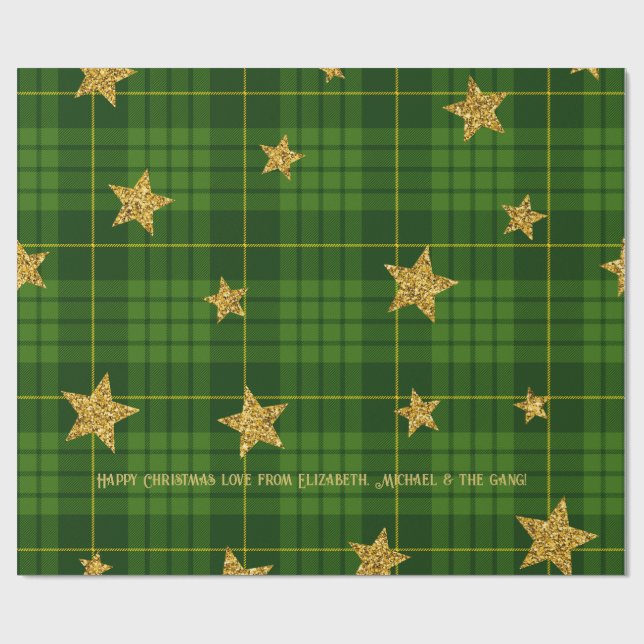 Emerald Glow Tartan Guld Star Personlig Julafton Presentpapper (Platt)