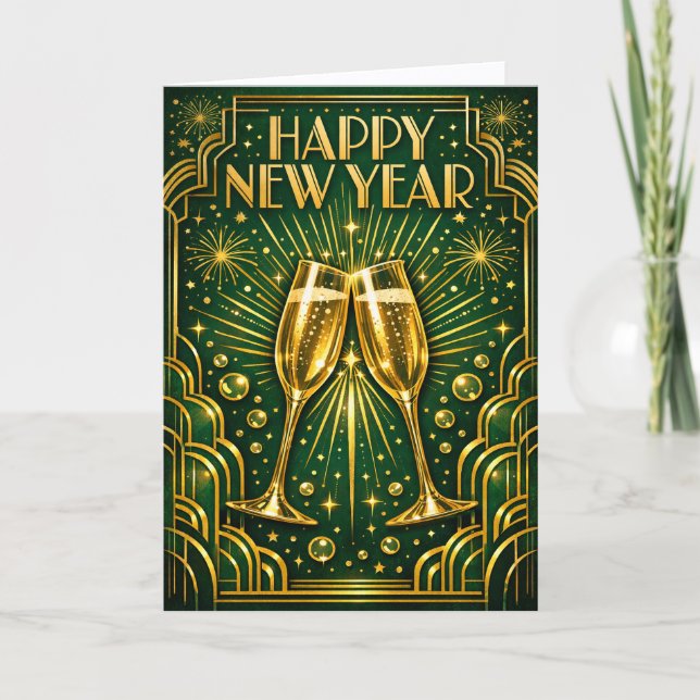 Emerald Gold Art Deco Champagne Celebration Helgkort (Framsida)
