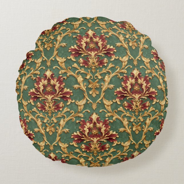 Emerald Gold Baroque Damask Rund Kudde (Framsidan)