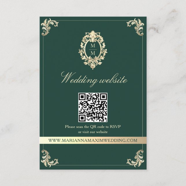 Emerald Gold Baroque Wedding Website QR Card Tilläggskort (Framsida)