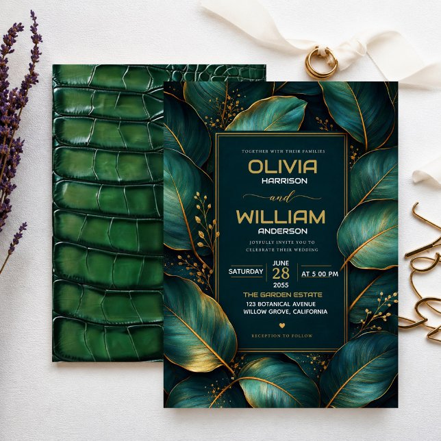 Emerald Gold Botanical Luxury Green Leaf  Inbjudningar (Skapare uppladdad)