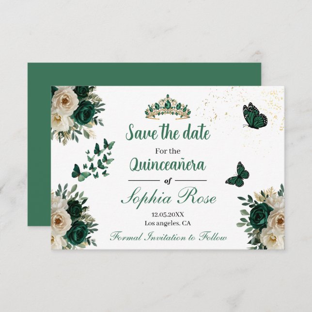 Emerald Gold Butterfly Tiara Quinceañera Save Date Spara Datumet (Fram/baksida)