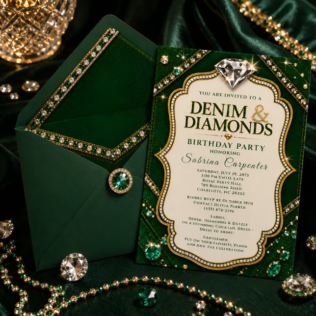 Emerald Gold Denim & Diamonds Födelsedagsfest Inbjudningar (Skapare uppladdad)
