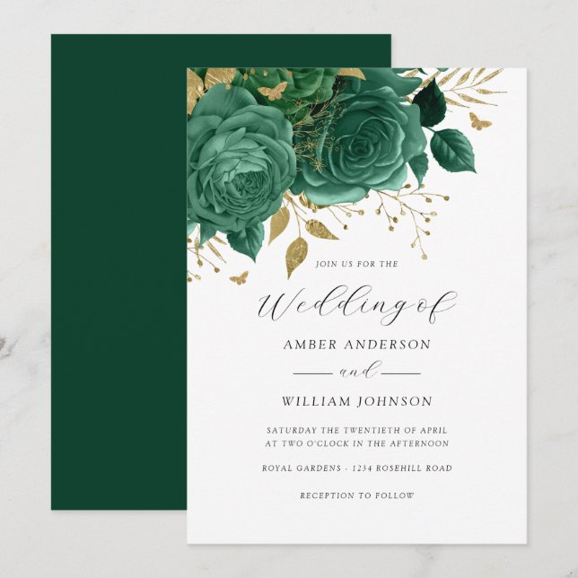Emerald Gold Floral Rose Wedding   Inbjudningar (Fram/baksida)