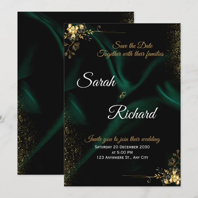 Emerald Gold Luxury Wedding Invitation Inbjudningar (Fram/baksida)