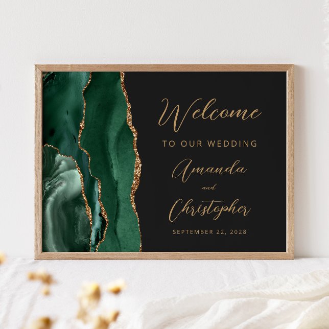 Emerald Green Agate Gold Script Wedding Welcome Poster (Skapare uppladdad)