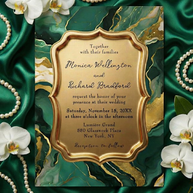 Emerald Green and Gold Agate Marble Luxury Wedding Inbjudningar (Skapare uppladdad)