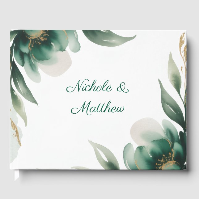 Emerald Green and Gold Floral Frame Wedding Gästböcker (Framsida)