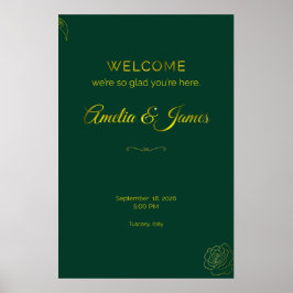 Emerald Green and Gold Leaf Wedding Welcome Sign Poster