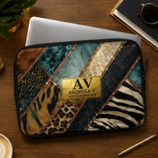Emerald Green Black Gold Animal Print Laptop Fodral