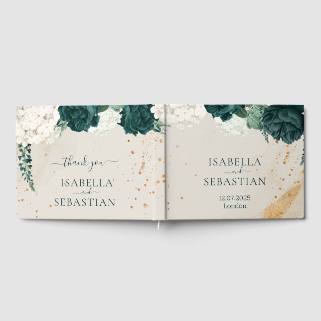 Emerald Green Blush Rose Floral Wedding Gästböcker (Full)